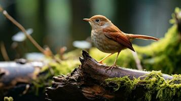 Photo of a Nightingale standing on a fallen tree branch at morning. Generative AI