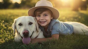selfie foto de un pequeño chico con su perro . generativo ai