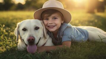 selfie photo of a little boy with his dog  . Generative AI
