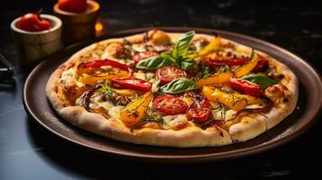 foto de vegano Pizza como un plato en un gama alta restaurante. generativo ai