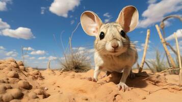 Photo of a Desert Jerboa in a Desert with blue sky. Generative AI