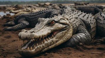 Photo of a herd of Nile Crocodile resting in an open area on the Savanna. Generative AI