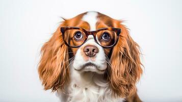 Photo of a Cavalier King Charles Spaniel dog using eyeglasses isolated on white background. Generative AI
