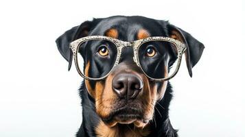 Photo of a Rottweiler dog using eyeglasses isolated on white background. Generative AI