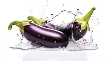 Photo of Eggplant with water splashes isolated on white background. Generative AI