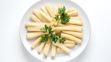 Photo of Parsnips sliced pieces on minimalist plate isolated on white background. generative ai