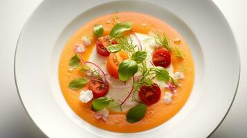 Photo of Melon Gazpacho as a dish in a high-end restaurant. Generative AI