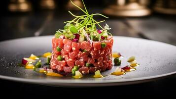 Photo of Tuna Tartare as a dish in a high-end restaurant. Generative AI