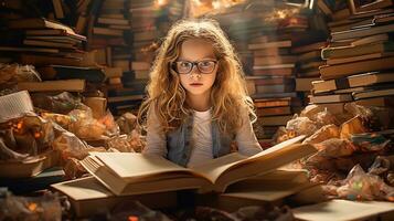 pequeño niña leyendo un libro en el biblioteca con otoño hojas alrededor su. generativo ai foto