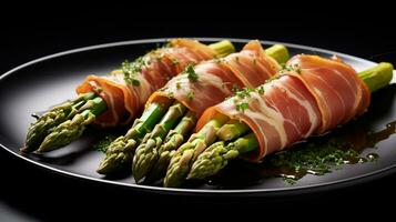 Photo of Asparagus Wrapped in Prosciutto as a dish in a high-end restaurant. Generative AI