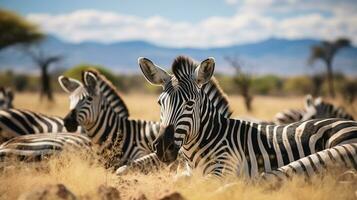 Photo of a herd of Zebra resting in an open area on the Savanna. Generative AI