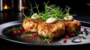 Photo of Crab Cakes as a dish in a high-end restaurant. Generative AI