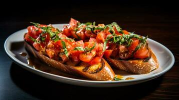 Photo of Bruschetta with Fresh Tomatoes as a dish in a high-end restaurant. Generative AI