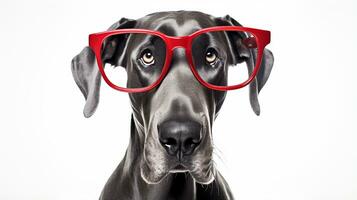 Photo of a Great Dane dog using eyeglasses isolated on white background. Generative AI