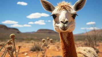 Close-up photo of a Vicuna looking any direction. Generative AI