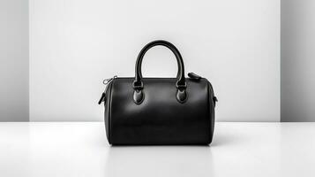 Photo of Minimalist black leather female bag isolated on white background. generative ai