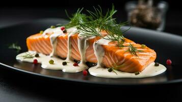 Photo of Salmon with Dill Sauce as a dish in a high-end restaurant. Generative AI