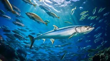 Photo of Barracuda with various fish between healthy coral reefs in the blue ocean. Generative AI