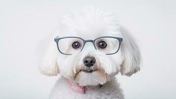 Photo of a Bichon Frise dog using eyeglasses isolated on white background. Generative AI
