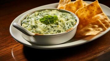 Photo of Spinach and Artichoke Dip as a dish in a high-end restaurant. Generative AI