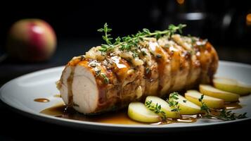 Photo of Sausage and Apple Stuffed Pork Loin as a dish in a high-end restaurant. Generative AI