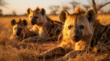 Photo of a herd of Hyena resting in an open area on the Savanna. Generative AI