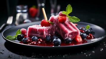 Photo of Berry Popsicles as a dish in a high-end restaurant. Generative AI