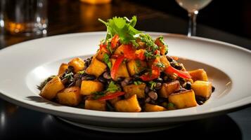 Photo of Plantain and Black Bean Stew as a dish in a high-end restaurant. Generative AI