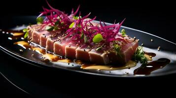 foto de atún tataki como un plato en un gama alta restaurante. generativo ai