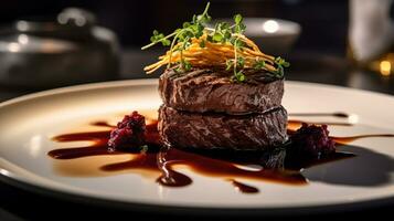 foto de carne de vaca filete de lomo con rojo vino salsa como un plato en un gama alta restaurante. generativo ai