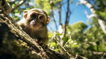 Photo of Monkey in ther forest with blue sky. Generative AI