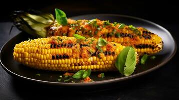 Photo of Grilled Corn on the Cob as a dish in a high-end restaurant. Generative AI