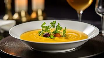 Photo of Pumpkin Soup as a dish in a high-end restaurant. Generative AI