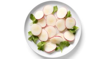 Photo of Turnips sliced pieces on minimalist plate isolated on white background.