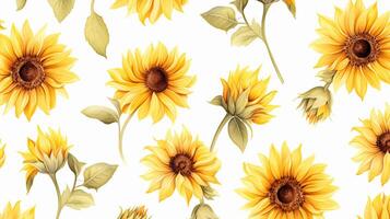 Seamless pattern of Sunflower flower in watercolor style isolated on white background. Sunflower flower texture background. Generative AI photo