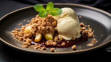 Photo of Apple Crumble as a dish in a high-end restaurant. Generative AI