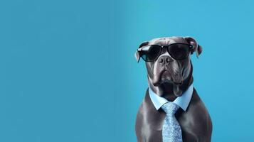 Boxer dog using glasses on blue background. Generative AI photo