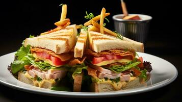 Photo of Club Sandwich as a dish in a high-end restaurant. Generative AI