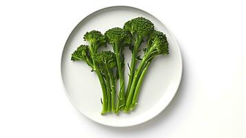 Photo of Broccolini on plate isolated on white background. Generative AI