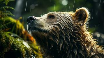 de cerca foto de un oso mirando ninguna dirección en selva. generativo ai