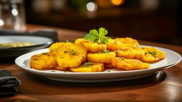 foto de tostones - frito plátanos como un plato en un gama alta restaurante. generativo ai