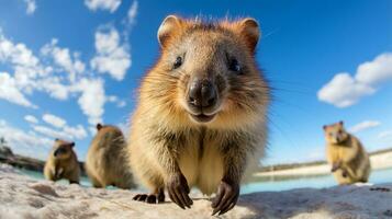 foto de un quokka debajo azul cielo. generativo ai