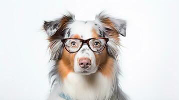 Photo of a Australian Shepherd dog using eyeglasses isolated on white background. Generative AI