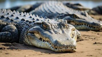 Photo of a herd of Nile Crocodile resting in an open area on the Savanna. Generative AI