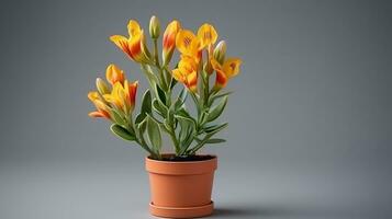 Photo of Freesia flower in pot isolated on white background. Generative AI