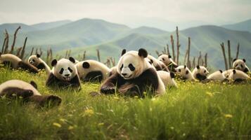 Photo of a herd of Panda resting in an open area on the Savanna. Generative AI