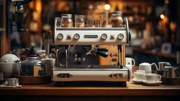 foto de café fabricante máquina en barista mesa en acogedor cafe