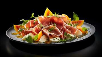 Photo of Melon and Prosciutto as a dish in a high-end restaurant. Generative AI