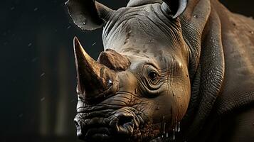 Close-up photo of a Rhinoceros looking any direction on jungle. Generative AI