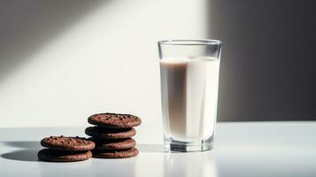 Photo of a glass of milk with chocolate biscuits on a minimalist table